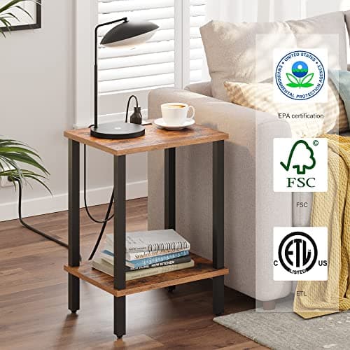 TUTOTAK End Table with Charging Station, 2-Tier Storage, USB Ports TB01BB040