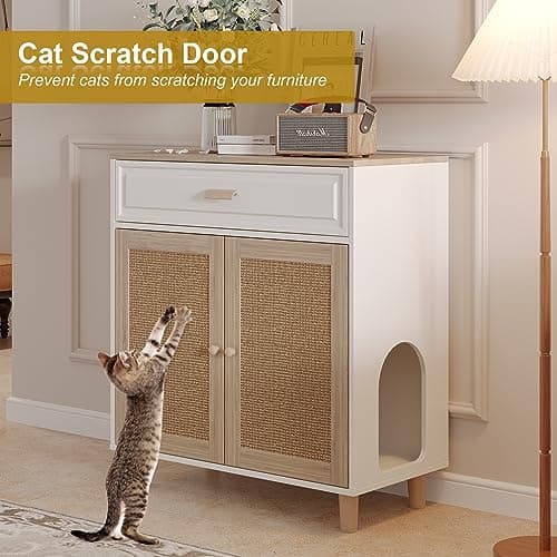 Hidden Cat House & Washroom Cabinet with Scratching Board & Drawer