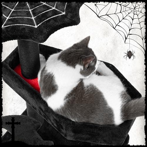 KAMABOKO Gothic Cat Tower with Coffin Bed - 30.3” Black and Red Design for Indoor Cats with Scratching Posts