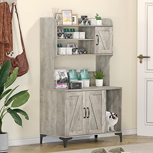 IDEALHOUSE Walnut Wood Cat Litter Box Enclosure with Shelves Doors — Grey