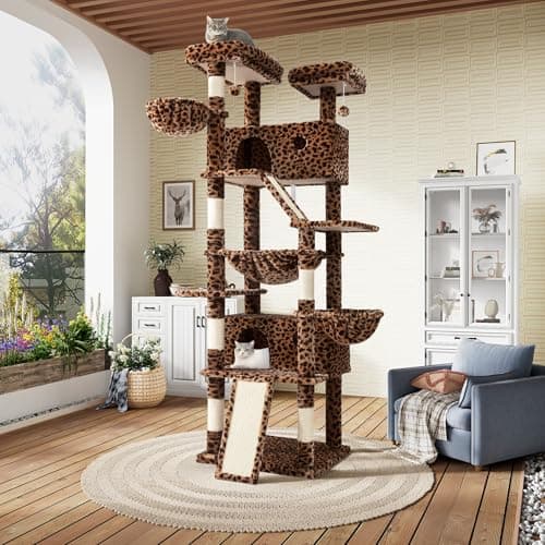 SHA CERLIN 81in Multi-Level Cat Tree Tower with Hammocks & Scratching Posts, Grey — Leopard Print