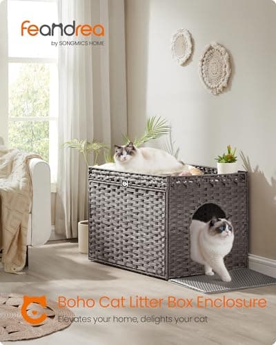 Feandrea Dove Gray Handwoven Rattan Cat Litter Box Enclosure UPCL014G01