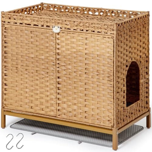 Hidden Handwoven Rattan Cat Litter Box Enclosure, Large Metal Feet, 30.3 x 18.3 x 28 Inches, Indoor