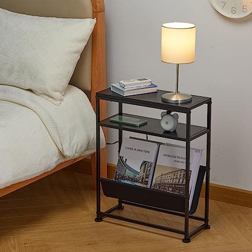 Narrow End Table for Small Spaces - Black Magazine Holder Side Table
