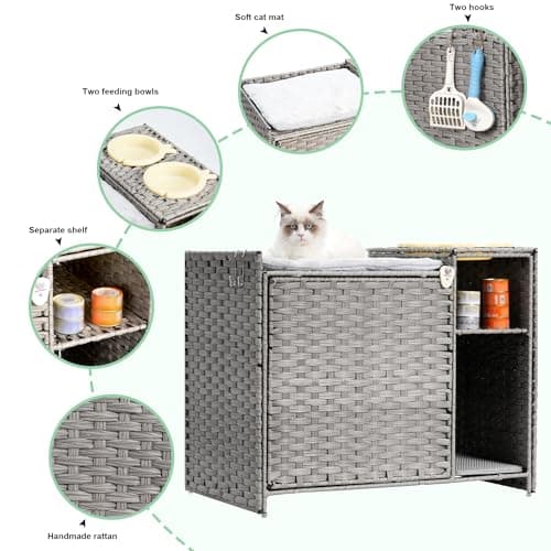Grey GCLB002G Handwoven Rattan Cat Condo with Litter Box Furniture