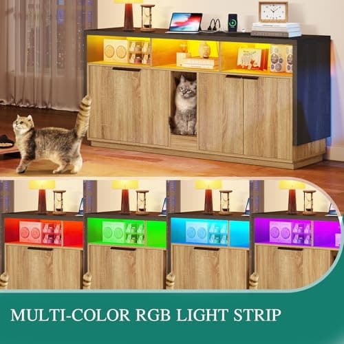 YITAHOME Double Hidden Cat Litter Box for 2 Cats, Gray Oak Enclosure with Outlet & Light