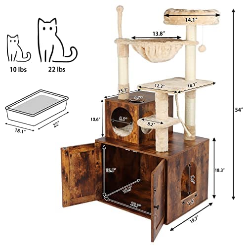 2-in-1 Cat Tower with Litter Box Enclosure and Large Furniture, Rustic Brown