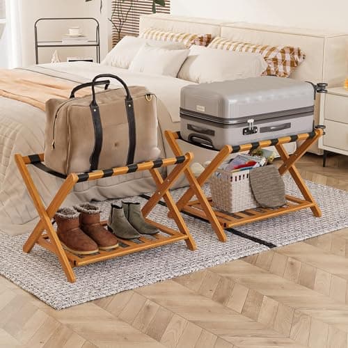 Fully Assembled Bamboo Luggage Stand with Storage, 5 Nylon Straps, Heavy Duty, Natural — Honey Oak-2pack