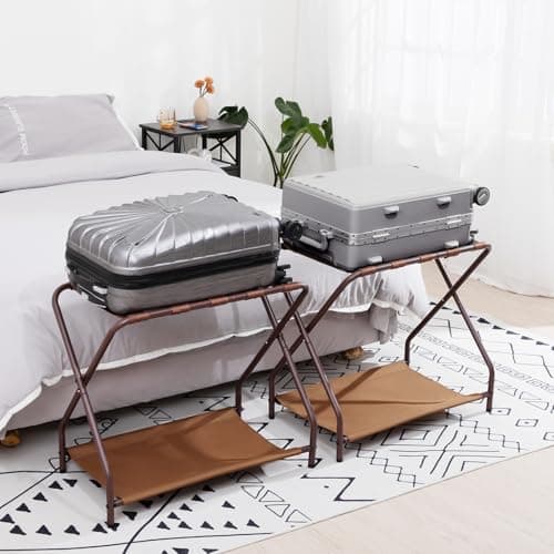 Folding Luggage Rack Set of 2 for Guests, Metal with Storage Shelf, Bronze.