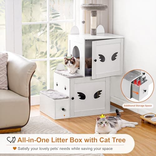 Snughome White 3-in-1 Wooden Cat Tower with Hidden Litter Box-Stairs