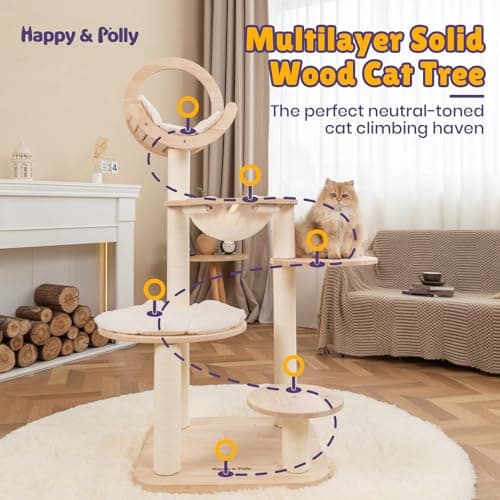 Solid Wood Cat Tree with Hammock, Scratching Posts, and Platforms - 56.3 Multi-Level Cat Tower