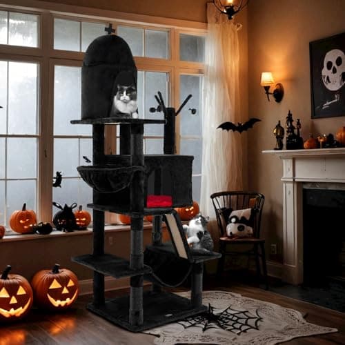 Gothic 67 Inch Tall Cat Tree with Scratching Posts & Ladder, Spooky Balls & Hammock, Black