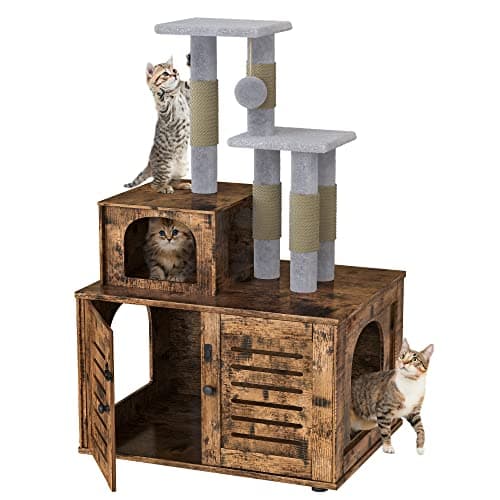 Rustic Brown Cat Litter Box with Tree & Washroom Divider