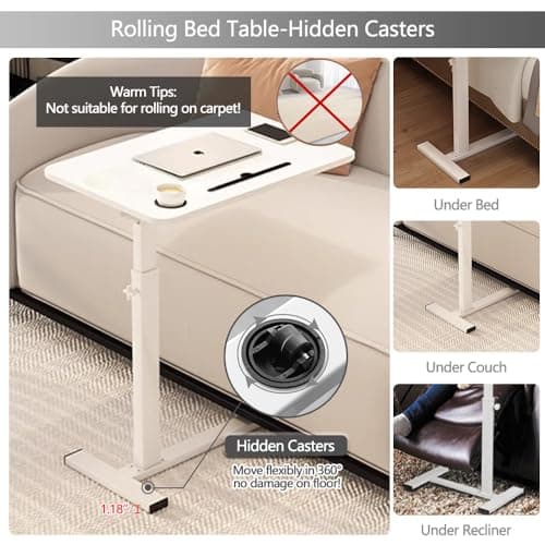 White Adjustable Overbed Table with Hidden Wheels & Cup Holder