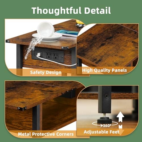 Lerliuo Narrow Side Table with Charging Station, Brown Nightstand for Small Spaces