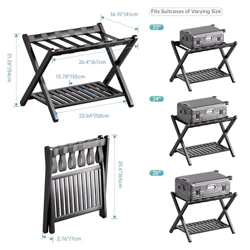 SMIBUY Bamboo Suitcase Stand with Storage, Black (1 Pack)