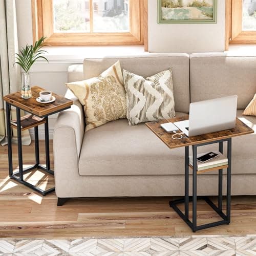 HOOBRO Foldable C-Shaped End Table with Storage, Rustic Brown, BF29SF01