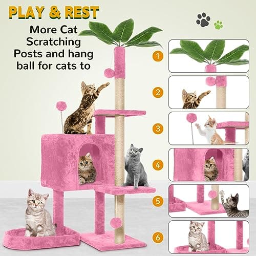 Indoor Cat Tree Tower with Green Leaves and Multi-Level Cozy Plush Condo Scratching Posts, Pink