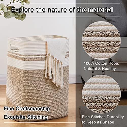OIAHOMY Collapsible Storage Basket, Tall Cotton Hamper with Handles-Yellow Variegated