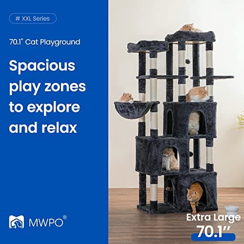 MWPO Smoky Grey Extra Large Cat Tree - 70.1-Inch Tall Multi-Level Tower with 3 Condos, Scratching Posts & Dangling Toys