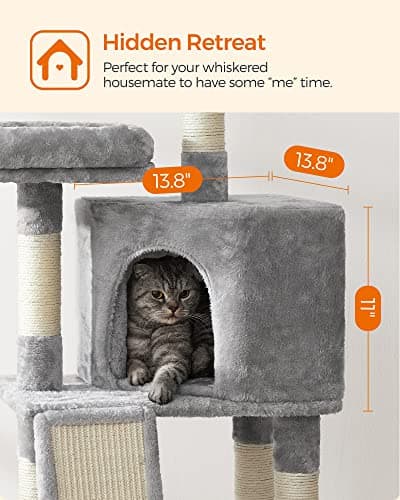 Feandrea Light Gray 45.3-Inch Cat Tower with Scratching Post and Cave