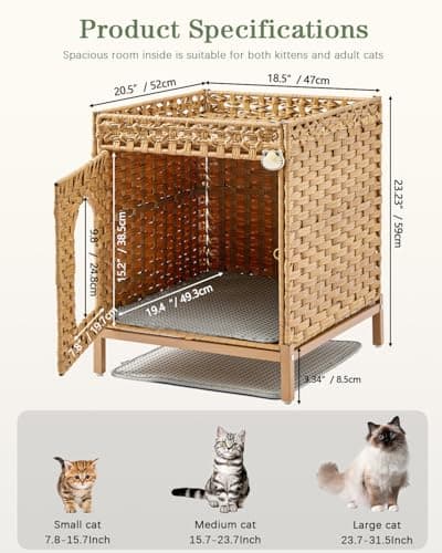 Hidden Rattan Cat House with Litter Mat & Metal Feet