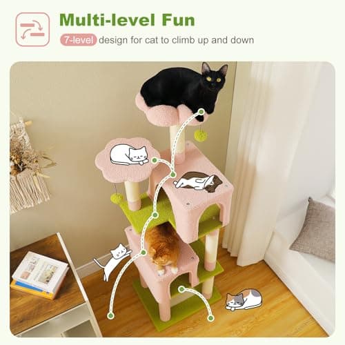 Indoor Cat Tree with 2 Condos & 4 Scratching Posts, 62" Multi-Level Tower, Pink