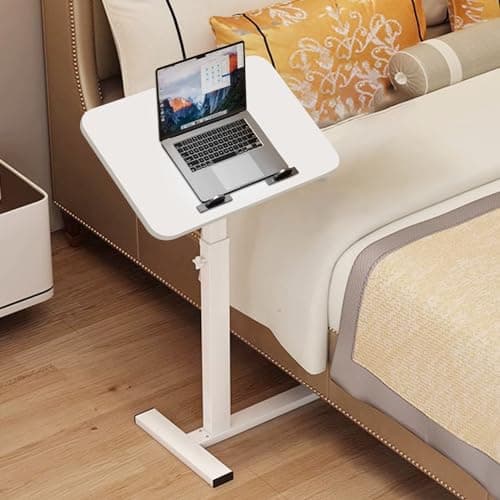 White Adjustable Overbed Table with Hidden Wheels & Cup Holder — Tilt White