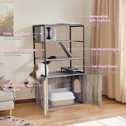 Redlife 5-Level 2-in-1 Cat Tree & Litter Box, Wooden Furniture, Grey