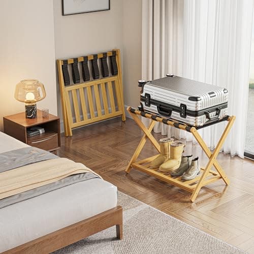Bamboo Luggage Rack for Guest Room - 2 Pack, 26.77 Folding Suitcase Stand with Storage Shelf (Natural)