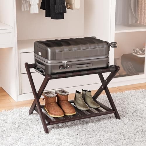 Fully Assembled Bamboo Luggage Stand with Storage, 5 Nylon Straps, Heavy Duty, Natural — Espresso -1Pack