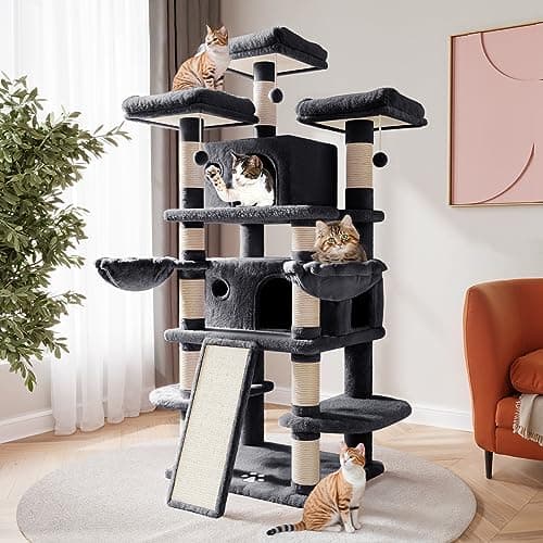 SHA CERLIN 68-Inch Multi-Level Cat Tree for Large Cats with Condo, Perches, Scratching Posts, and Hammocks - Pink — Dark Grey