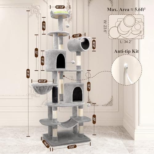 Tall Cat Tower 81-inch, Curved Series Cat Condos with Scratching Post, Hammock, Tunnel
