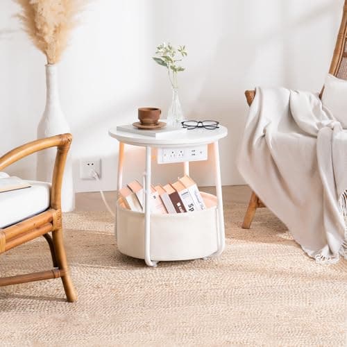 Yoobure LED Night Stand with Charger, Round Storage Table for Living Room or Bedroom
