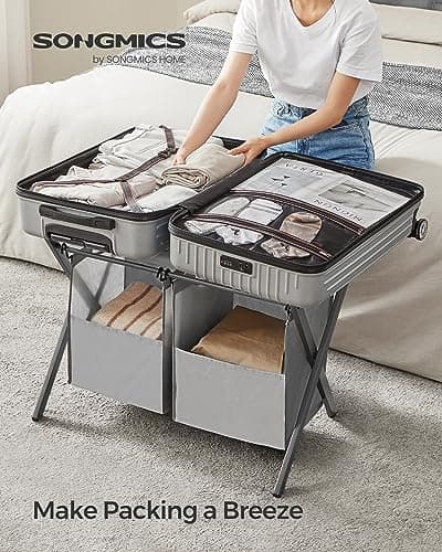 SONGMICS 2 Pack Slate Gray Luggage Racks with Laundry Bag, Foldable for Guest Room Storage URLR008G02