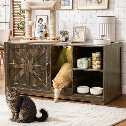 Antique White Cat Litter Box Enclosure with Storage, Farmhouse Style — Rustic Brown Oak