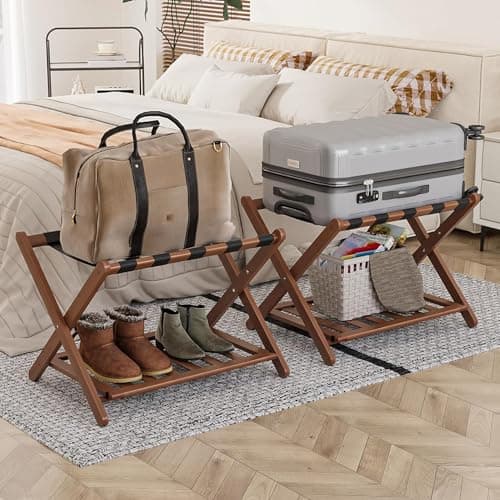 Fully Assembled Bamboo Luggage Stand with Storage, 5 Nylon Straps, Heavy Duty, Natural — Walnut-2pack