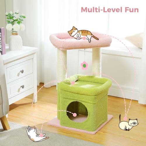 PEQULTI Indoor Cat Tree with Private Condo and Sisal Scratching Posts, Pink