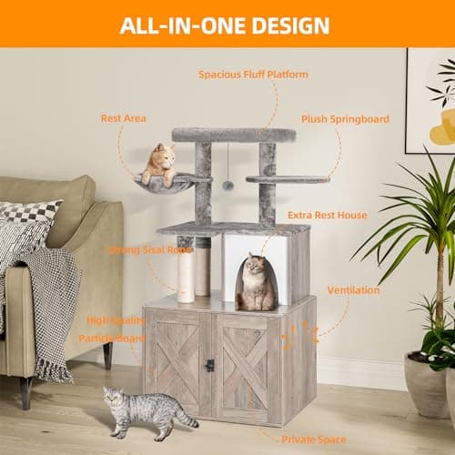 Snughome Cat Litter Box Enclosure with Cat Tree Tower, Condo, and Scratching Post