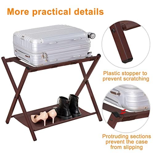 Luggage Rack Set of 2 for Guests, Steel Folding Suitcase Stand with Storage Shelf, Brown