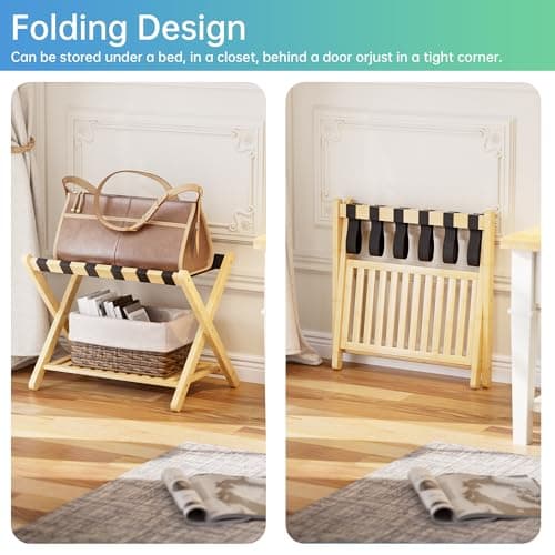 SMIBUY Natural Foldable Bamboo Luggage Rack with Storage Shelf