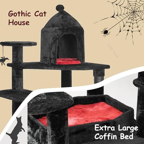 Gothic Cat Tower for Indoor Cats with Coffin Bed and Scratching Ramp