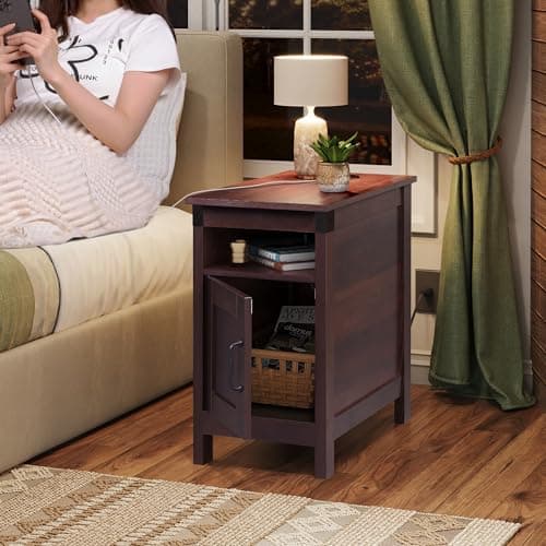 WLIVE Living Room End Table with Charging Station and Storage, Espresso Finish