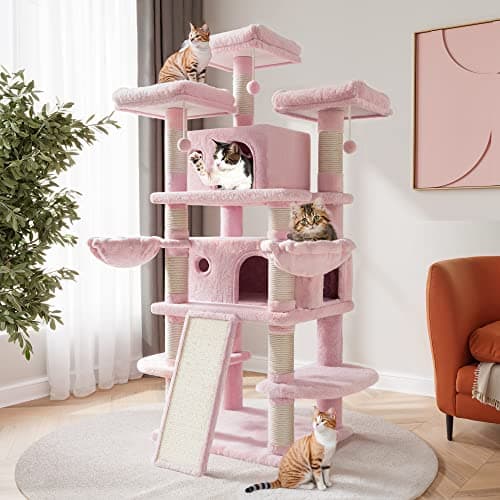 SHA CERLIN 68-Inch Multi-Level Cat Tree for Large Cats with Condo, Perches, Scratching Posts, and Hammocks - Pink