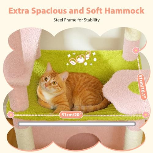 Large Pink Cat Tree with Hammock and Scratching Posts for Indoor Cats