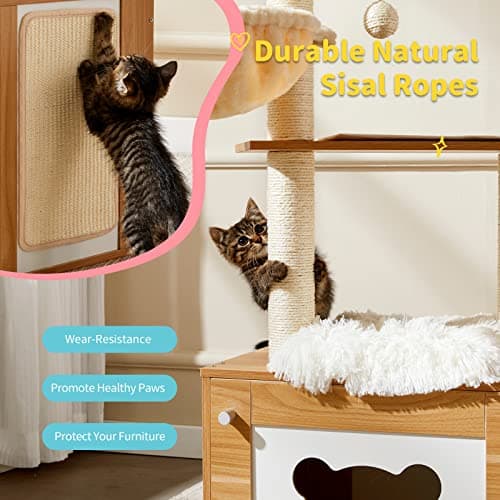 Modern 2-in-1 Cat Tower for Indoor Cats, 48.6 Wood Kitten Condo with Litter Box Enclosure and Scratching Post