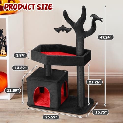Heavy Duty Black & Red Gothic Cat Tree with Spacious Condo & Scratching Posts