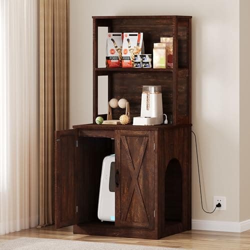 YITAHOME Double Hidden Cat Litter Box for 2 Cats, Gray Oak Enclosure with Outlet & Light — Brown Oak