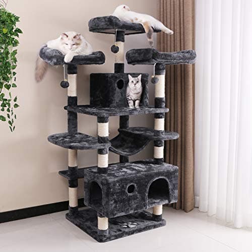 BEWISHOME Grey Large Cat Tree with Sisal Scratching Posts & Hammock MMJ03B