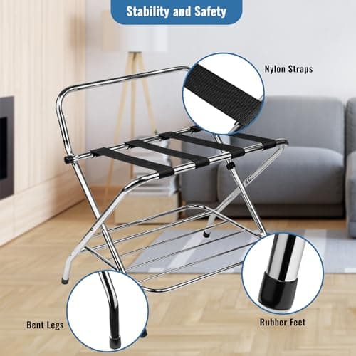 Double Tier Luggage Rack with High Back, Chrome, Assembly Included, Foldable Guest Room Organizer